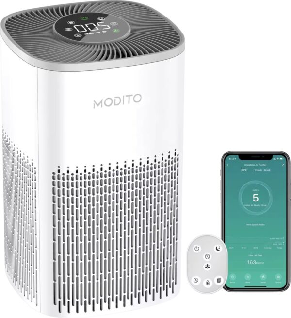 Modito luchtreiniger - Air Purifier met APP - 4-in-1 filtersysteem - Ionisatie - HEPA 13 filter + koolstoffilter - Verminderd huisstofmijt, hooikoorts, allergie & stof - Wit - 210 m³/u (8720938069574)
