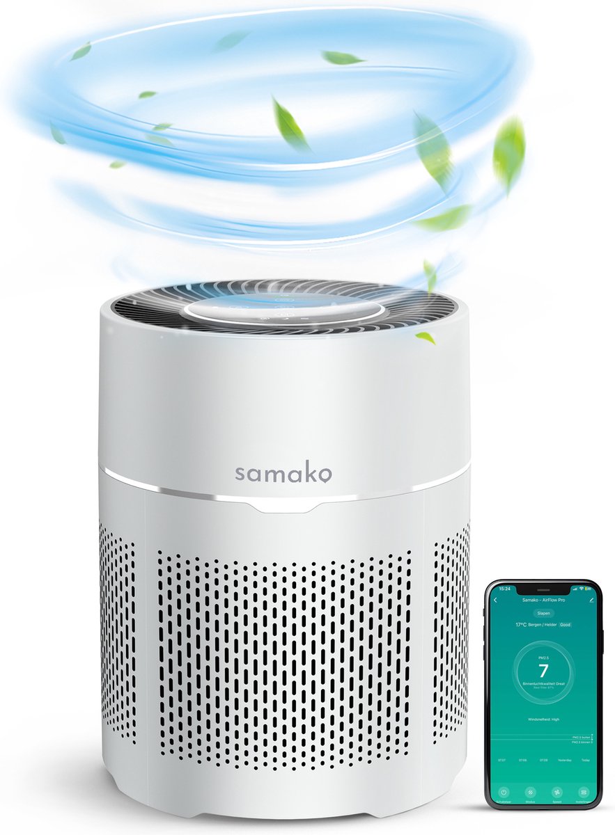 Samako Airflow - Luchtreiniger - Hepa 13 pro filter - Hooikoorts, huisdier allergieën, huisstofmijt - Luchtkwaliteitsindicator - Air purifier- Nederlandse app - Slaapstand (8720865025308)