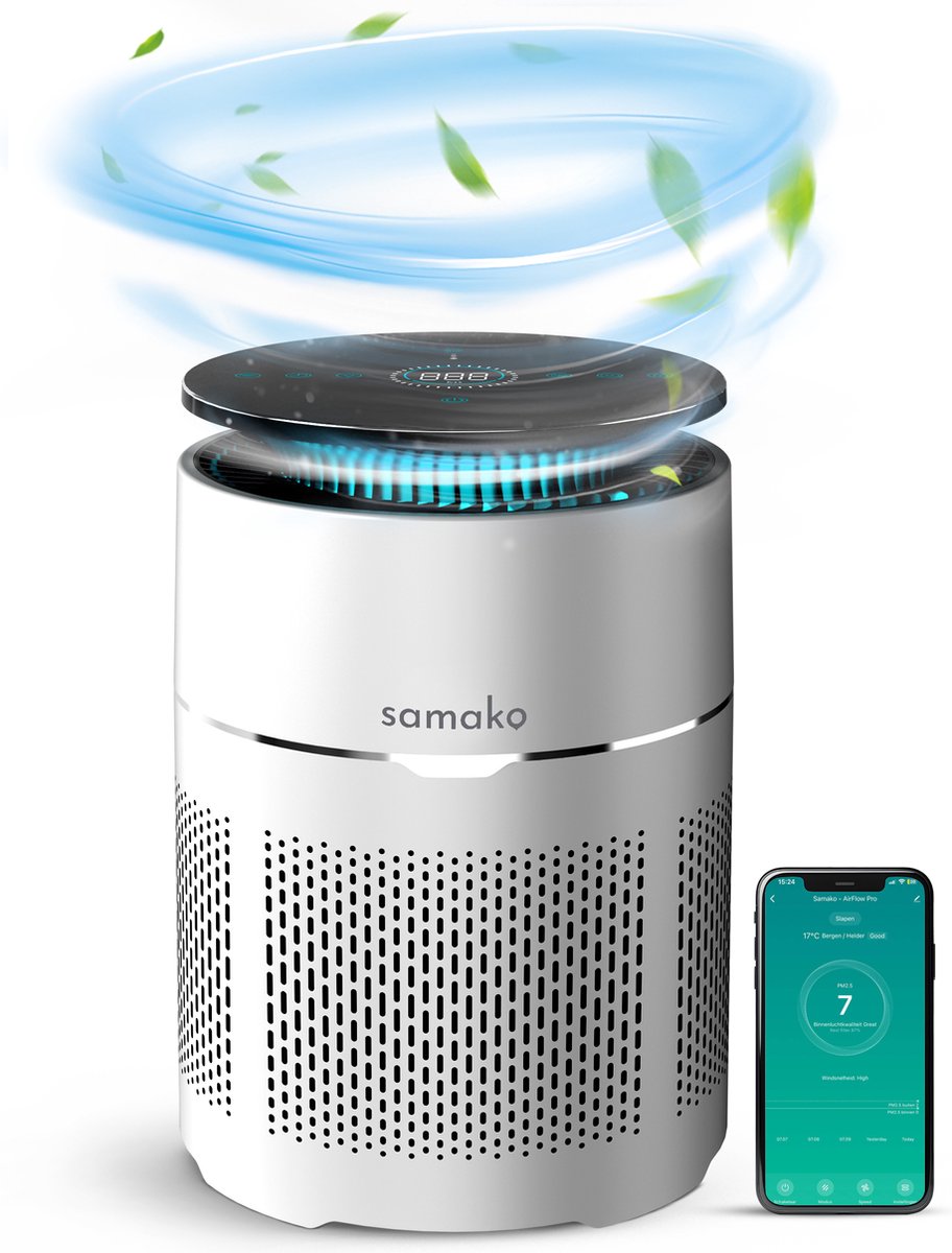 Samako - Airflow Pro - Luchtreiniger - Hepa 13 pro filter - Hooikoorts, huisdier allergieën, huisstofmijt - Luchtkwaliteitsindicator - Air purifier- Nederlandse app - Slaapstand (8720865025315)