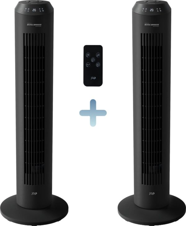 JAP Appliances Vancouver (2 stuks) - 2 in 1 Stille ventilator (48dB) en luchtreiniger (Ionisator) - Torenventilator met afstandsbediening en timer - 6 Standen - Energiezuinig (60W) - Mat zwart (8720929477371)