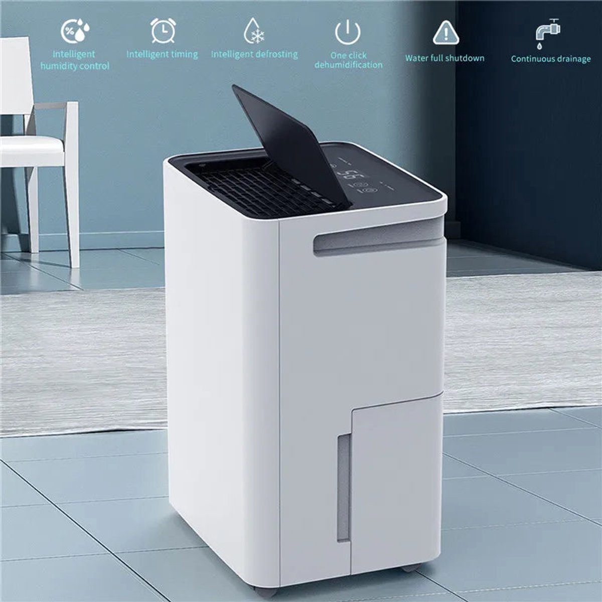 Luchtontvochtiger - Luchtreiniger - Dehumidifier - Draagbare - 35dB - 12L/24u - Met LED Display - Automatische Uitschakeling - voor Thuis - en Kantoorgebruik - Wit (8721297958448)