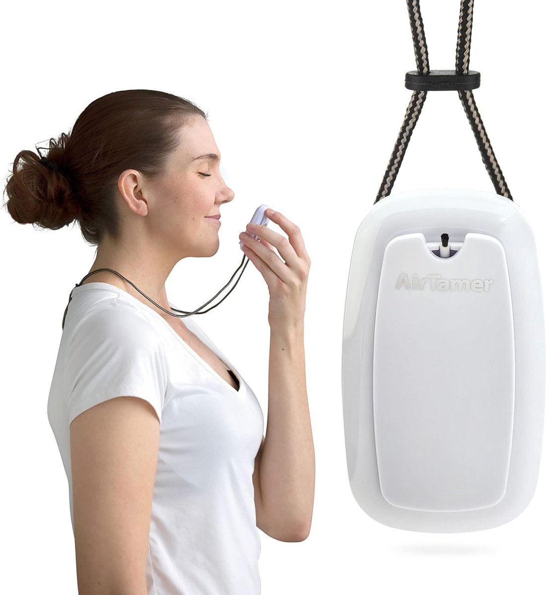 AirTamer, A315W, Geavanceerde accu oplaadbare luchtzuiveraar, draagbaar, ionisator luchtreiniger, effectief tegen ziektekiemen / virus / allergenen, wit leren reistasje (0680583031600)