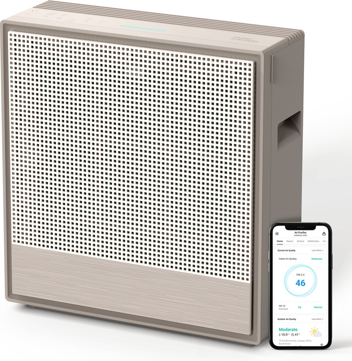 Coway Airmega 250S AP-1720G Luchtreiniger met HEPA Filter - Air Purifier Smart, Luchtreinigers met Koolstoffilter - WiFi Bestuurbaar - GreenHEPA™ Technology - Tegen Stof, Bacteriën, Allergieën - Muisstil 22 dB - CADR 504 m³/h - Ruimtes tot 131 m² (8809825508072)