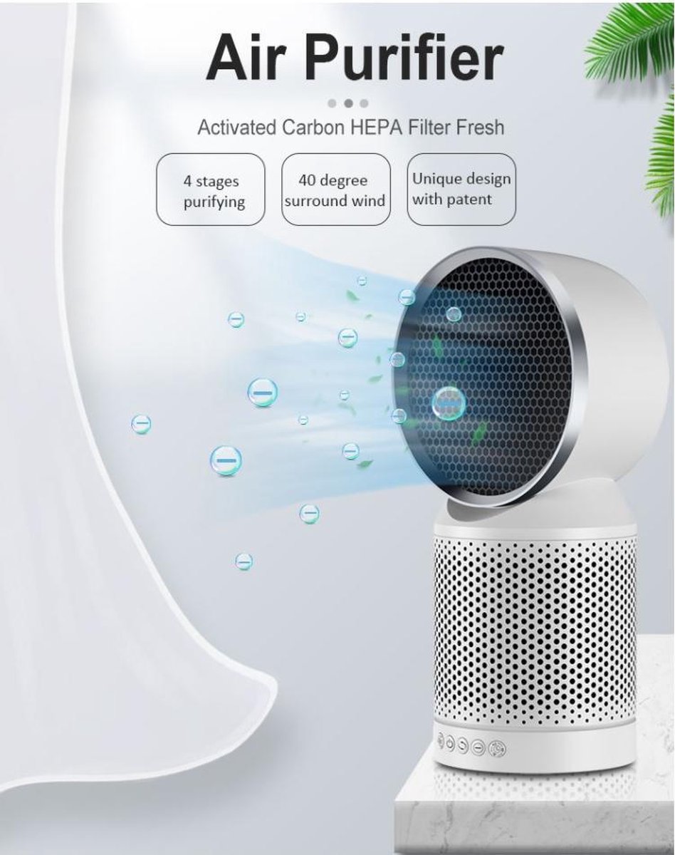 Luchtreiniger - carbon HEPA filter - ionisator - filtert en fijnstof, pollen, huisstofmijt, bacteriën, geuren, rook, huidschilfers - 40° draaibare uitlaat - verplaatsbaar - stil (9501917942557)