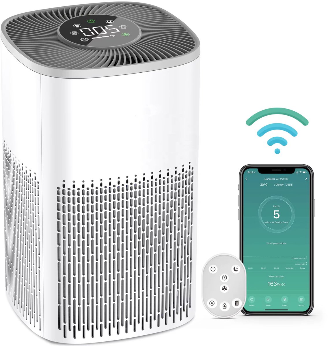 Smart Air Purifier DN-905 - Luchtreiniger met HEPA-filter - Voor Baby & Slaapkamer - Stil (≤ 65 dB) - App & Afstandsbediening - 36 m² Dekking - Wit (6154546566590)