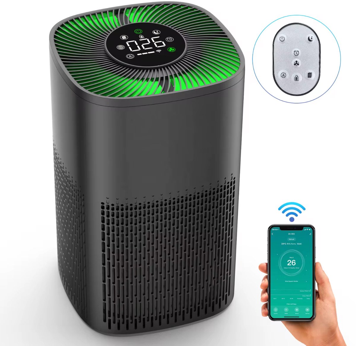 Smart Air Purifier DN-905 - Luchtreiniger met HEPA-filter - Voor Baby & Slaapkamer - Stil (≤ 65 dB) - App & Afstandsbediening - 36 m² Dekking - Zwart (6154546884847)