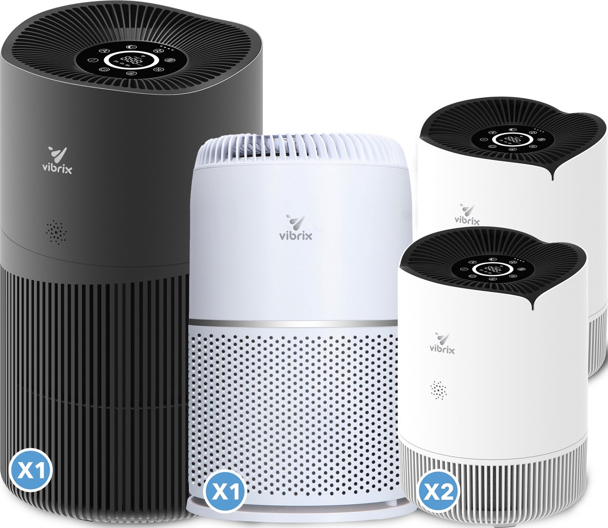 Vibrix Luchtreiniger Set C - Woonkamer en Slaapkamer - HEPA Filter - Ionisator - Luchtfilter - Air Purifier - Air Cleaner - PureFlow30 - PureFlow70 - Vortex20 (8721082170208)