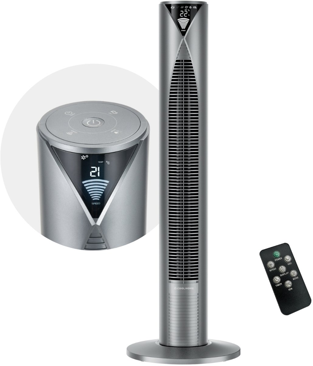 CoolHome CF2206 - Torenventilator met afstandsbediening - Ventilator staand met Luchtreiniger - 96 CM - Dimbaar LED scherm - Cool grey (8720387128594)