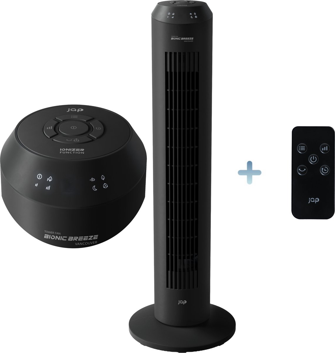 JAP Appliances Vancouver - 2 in 1 Stille bladloze ventilator (40 - 48dB) en luchtreiniger (Ionisator) - Torenventilator met afstandsbediening en timer - 6 Standen (3 snelheden) - Mat zwart (8720246582451)