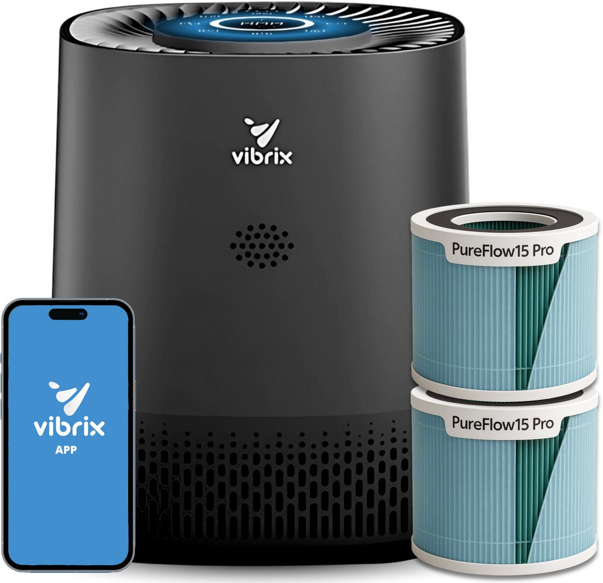 Vibrix PureFlow15 Pro luchtreiniger met 1 extra filter en APP - 15 m² - Automatische stand + 6-in-1 filtersysteem - Luchtkwaliteitsindicator - Ionisator - Luchtfilter - Air purifier met HEPA-filter (8721082170659)