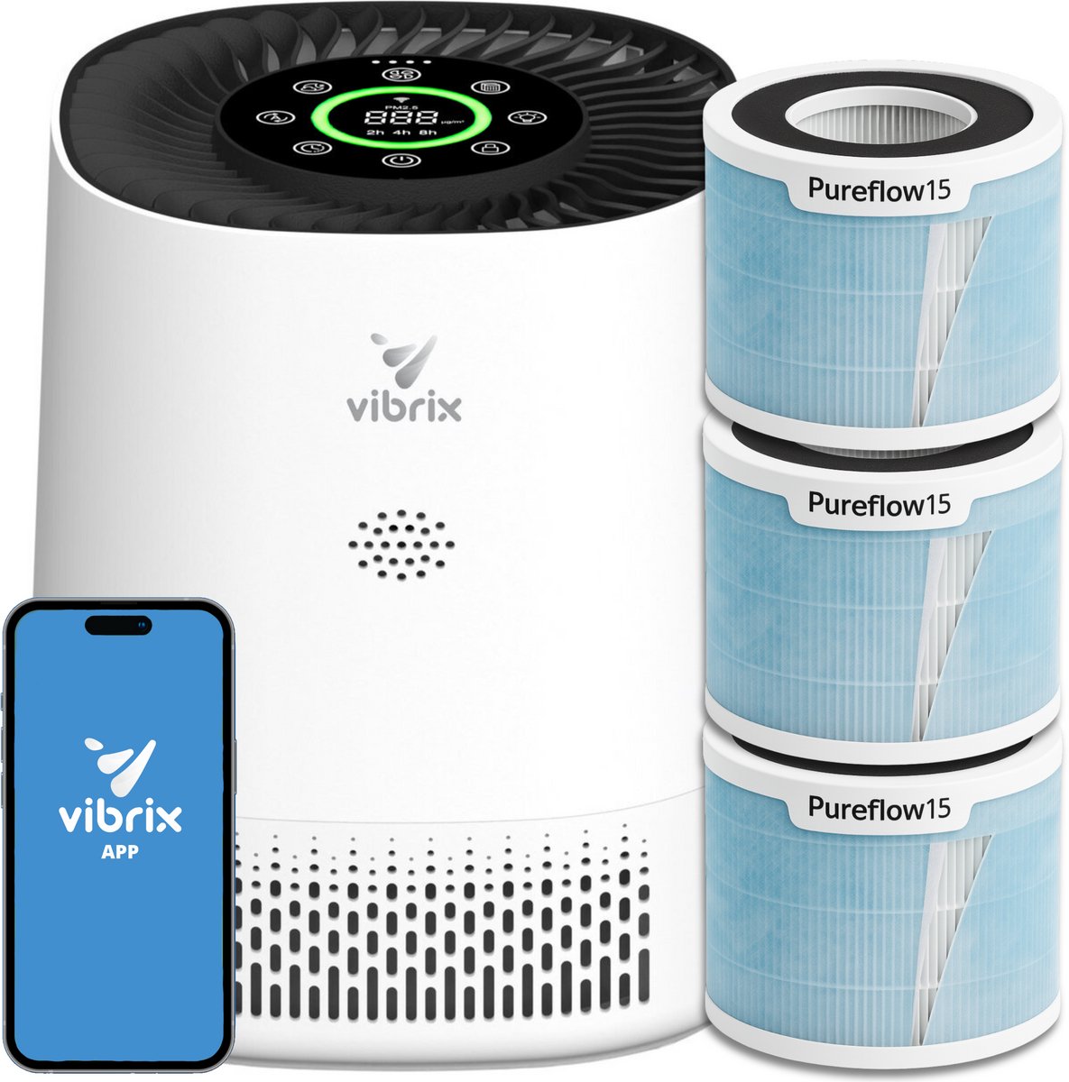 Vibrix PureFlow15 luchtreiniger met 2 extra filter en APP - 15 m² - Automatische stand + 6-in-1 filtersysteem - Luchtkwaliteitsindicator - Ionisator - Luchtfilter - Air purifier met HEPA-filter (8721082170628)