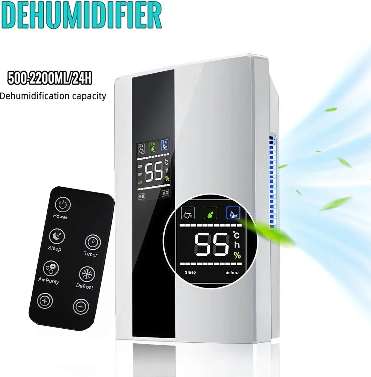 Carlovo Luchtontvochtiger - 2 In 1 Dehumidifier - Vochtvreter - Ontvochtiger - Luchtreiniging - Draagbaar - Inclusief Afstandsbediening - LCD Scherm - Wit (6152507227283)