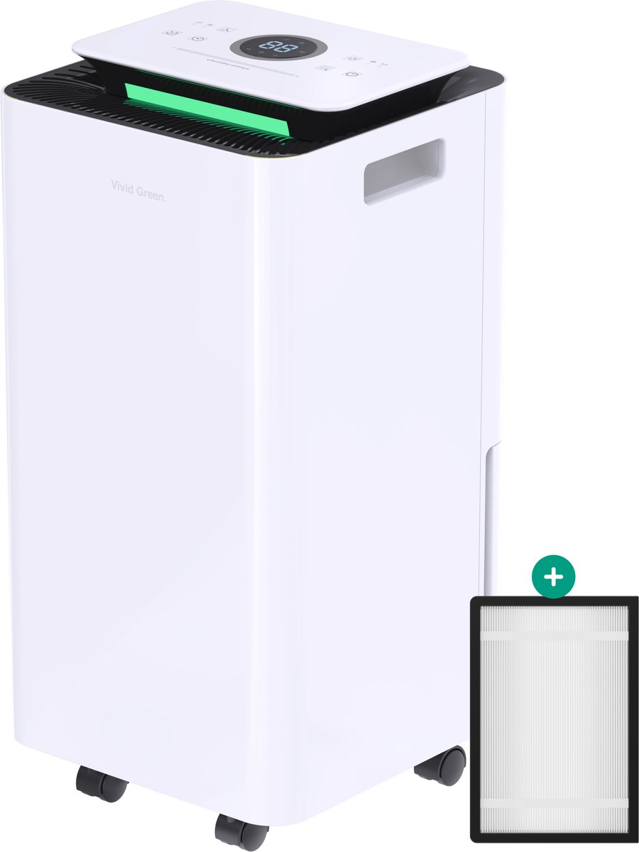 Luchtontvochtiger en Luchtreiniger - 12L - 2 HEPA filter - 210W - Wit - Vivid Green (8720989001547)