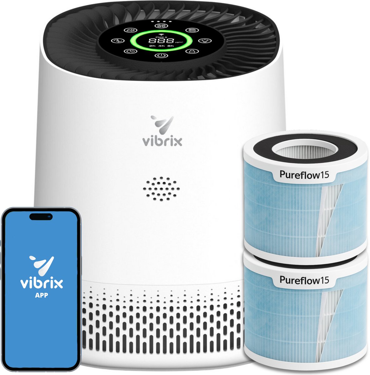 Vibrix PureFlow15 Luchtreiniger - 100m3/u - Air Purifier met Ionisator - Hepa Filter + Koolstof Filter - Luchtfilter tegen stof, hooikorts, allergie en huisstofmijt - Slaapstand en luchtkwaliteit indicator (8721082170611)