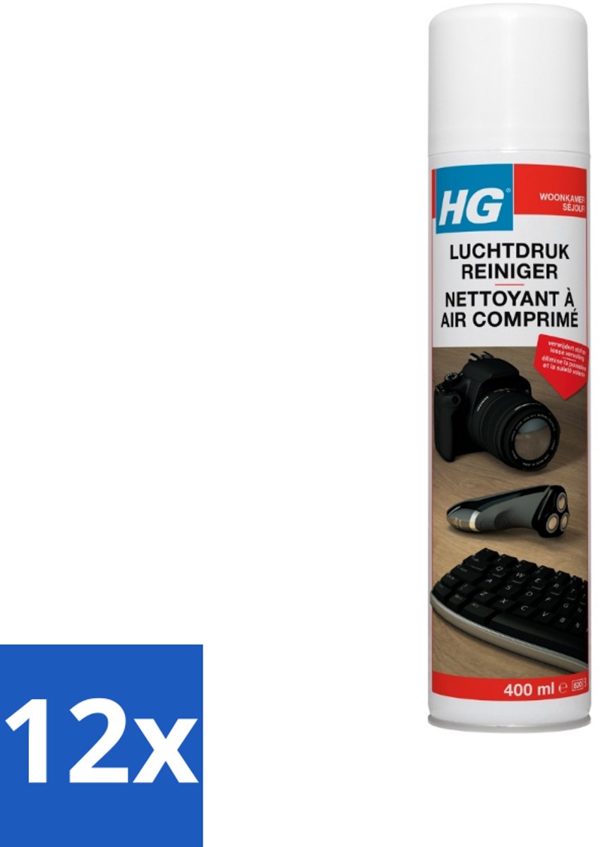 12 x HG Luchtdrukreiniger Voor Alle Kiertjes & Gaatjes 400 ml - Stofzuiger - Luchtreiniger - Schoonmaak - Elektronica Schoonmaken - Toetsenbord Schoonmaken (8721418307568)