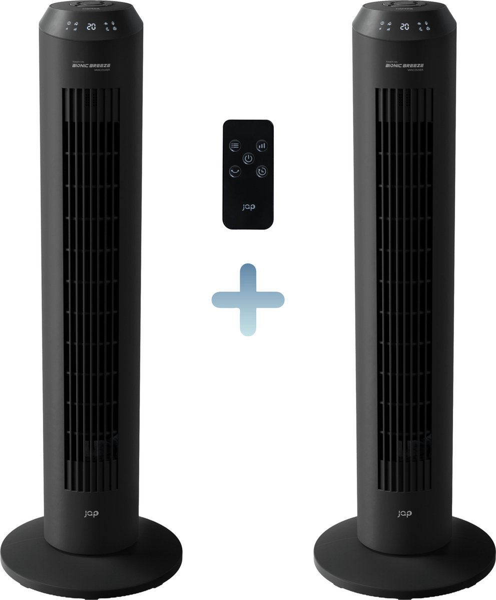 JAP Appliances Vancouver - 2 in 1 Stille ventilator (40 - 48dB) en luchtreiniger (Ionisator) - Torenventilator met afstandsbediening en timer - 6 Standen (3 snelheden) - Mat zwart - 2 Stuks (8720929477371)