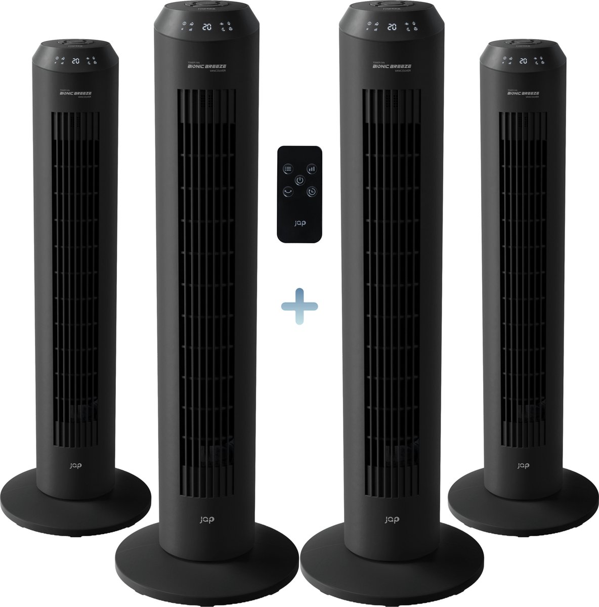 JAP Appliances Vancouver - 2 in 1 Stille ventilator (40 - 48dB) en luchtreiniger (Ionisator) - Torenventilator met afstandsbediening en timer - 6 Standen (3 snelheden) - Mat zwart - 4 Stuks (8720929477364)