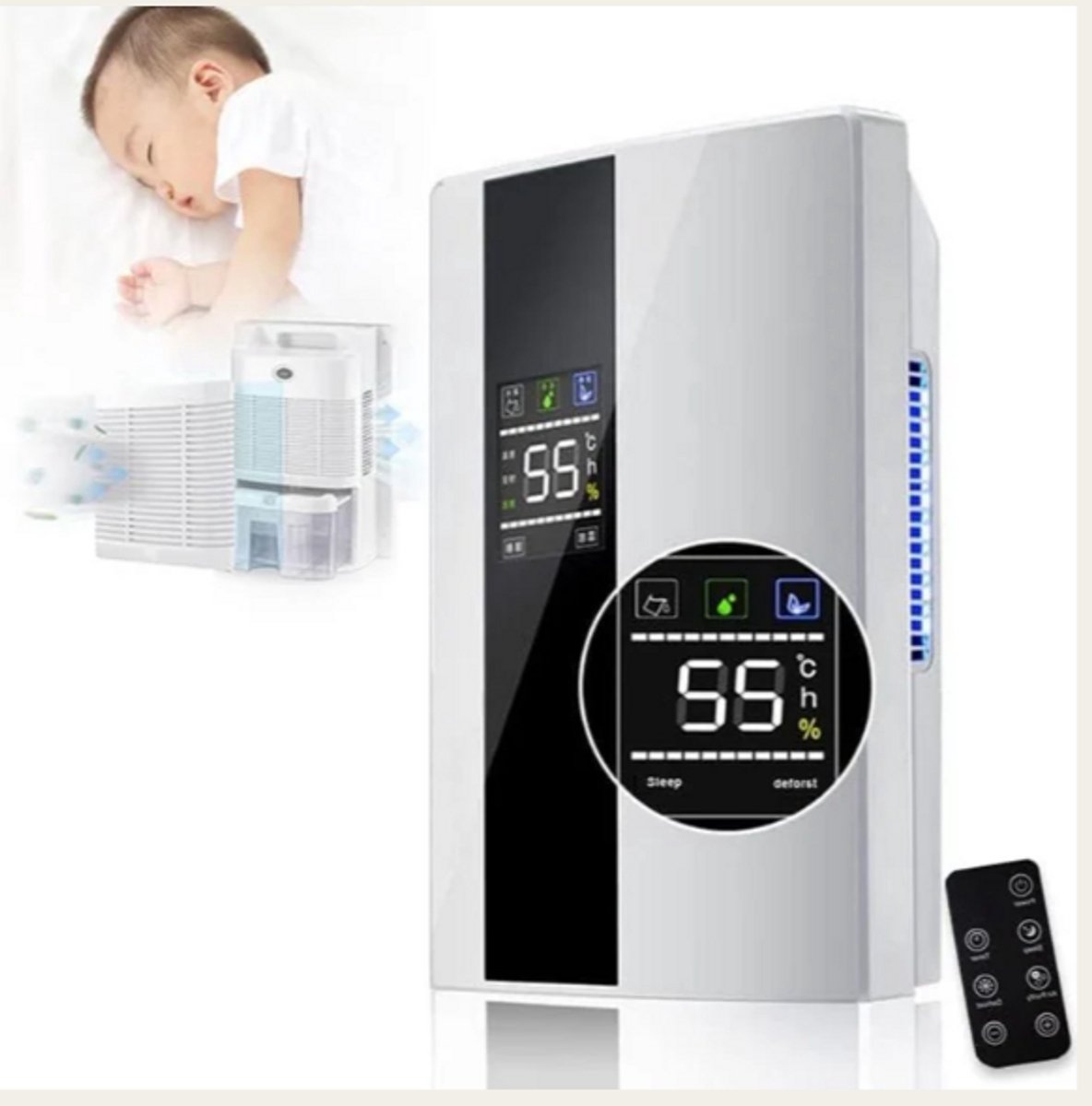 Luchtontvochtiger - 2 in 1 Dehumidifier - Vochtvreter - Ontvochtiger - Luchtreiniging - Draagbaar - Inclusief Afstandsbediening - LCD Scherm - Wit (8721297973885)