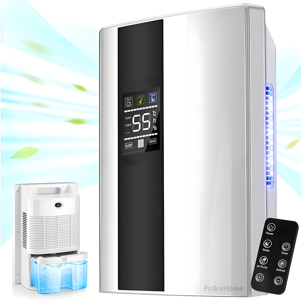 PolkaHome® Luchtreiniger - Air Purifier - Luchtkwaliteitsmonitor - Luchtreinigers - 2-in-1 Ontvochtiger & Luchtreiniger 2200ml - dehumidifier - Stille Vochtabsorber met Afstandsbediening & Timer (8721242574112)