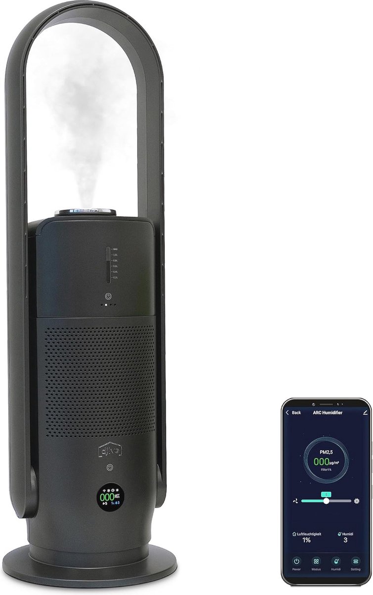 Rotorloze ventilator 3-in-1 met luchtreiniger en luchtbevochtiger - Stille staande torenventilator met 9 snelheden, afstandsbediening en slimme functies (6152508276259)