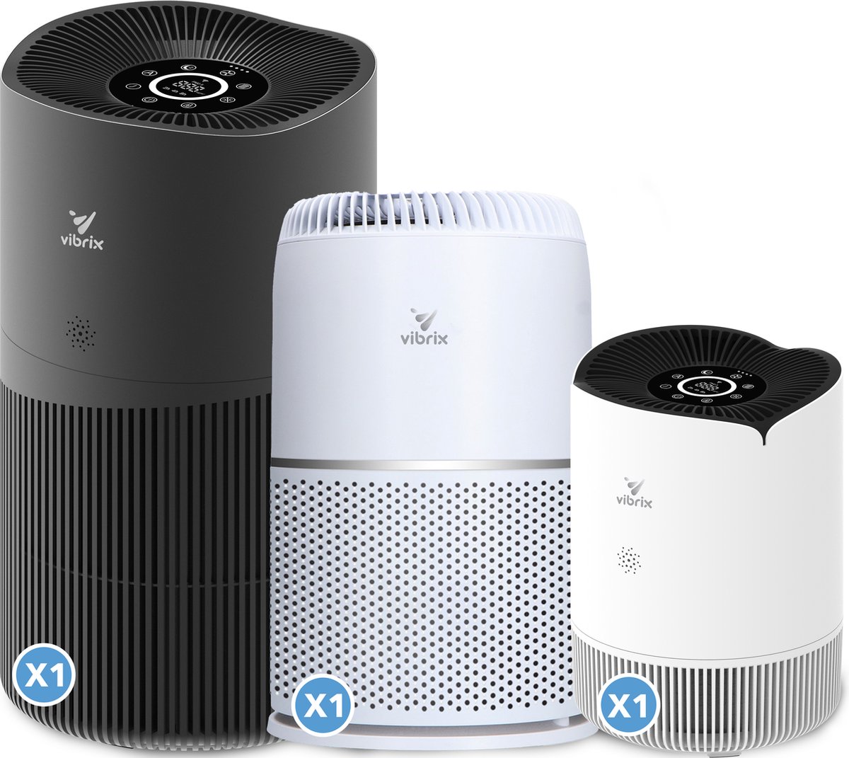 Vibrix Luchtreiniger Set E - Woonkamer en Slaapkamer - HEPA Filter - Ionisator - Luchtfilter - Air Purifier - Air Cleaner - PureFlow30 - PureFlow70 - Vortex20 (8721082170222)