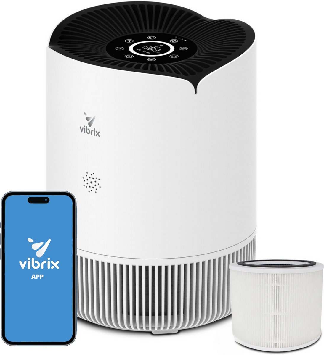 Vibrix PureFlow30 Luchtreiniger - 180m3/u - Air Purifier met Ionisator - Hepa Filter + Koolstof Filter - Luchtfilter tegen stof, hooikoorts, allergie en huisstofmijt - Slaapstand en luchtkwaliteit indicator (8721082170000)