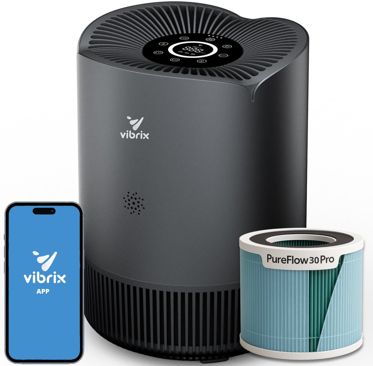 Vibrix PureFlow30 Pro Luchtreiniger - 180m3/u - Air Purifier met Ionisator - Hepa H14 Filter + Koolstof Filter - Luchtfilter tegen stof, hooikoorts, allergie en huisstofmijt - Slaapstand en luchtkwaliteit indicator (8721082170512)