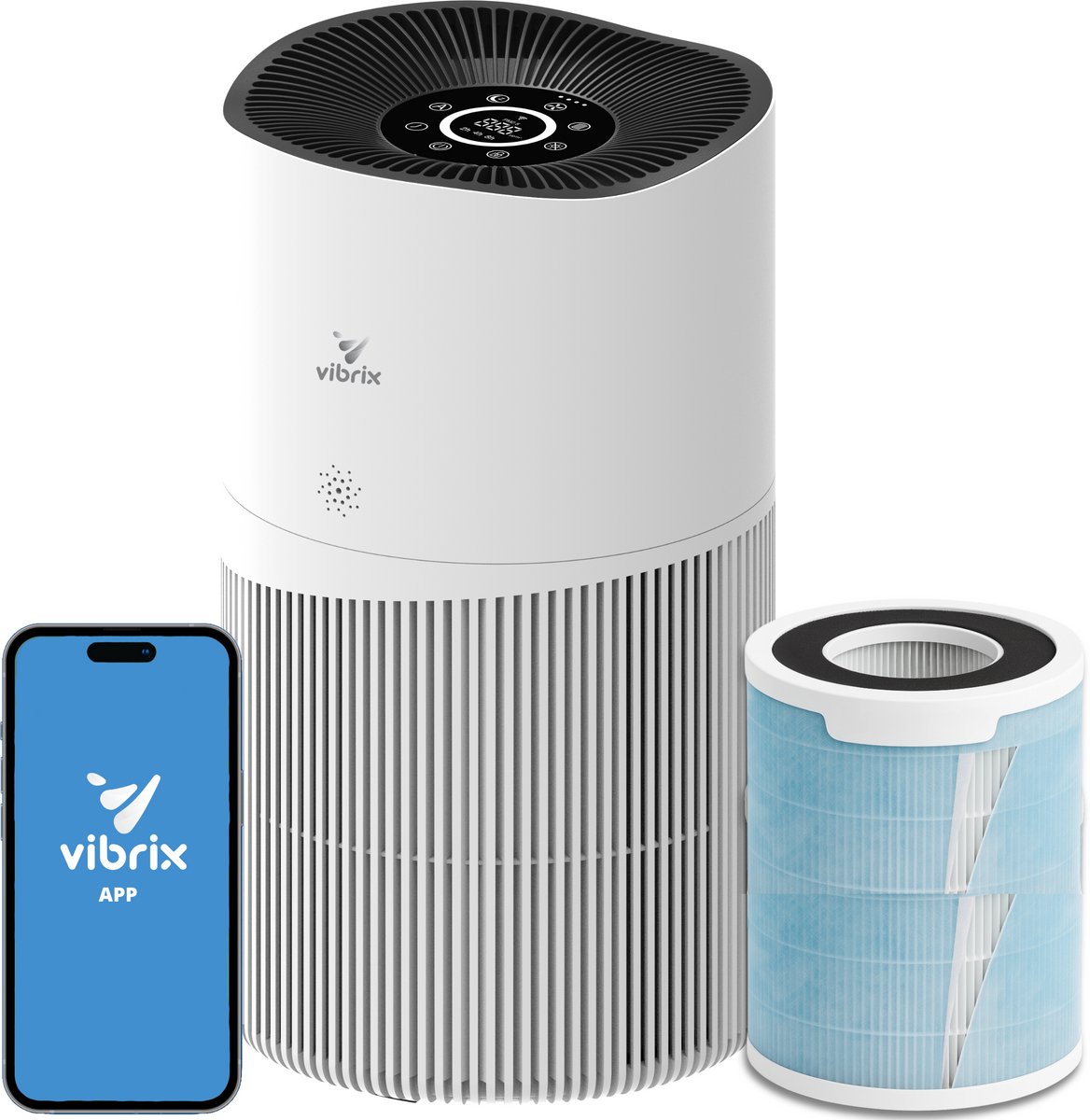 Vibrix PureFlow70 Luchtreiniger - 468m3/u - Air Purifier met Ionisator - Hepa Filter + Koolstof Filter - Luchtfilter tegen stof, hooikoorts, allergie en huisstofmijt - Slaapstand en luchtkwaliteit indicator (8721082170505)