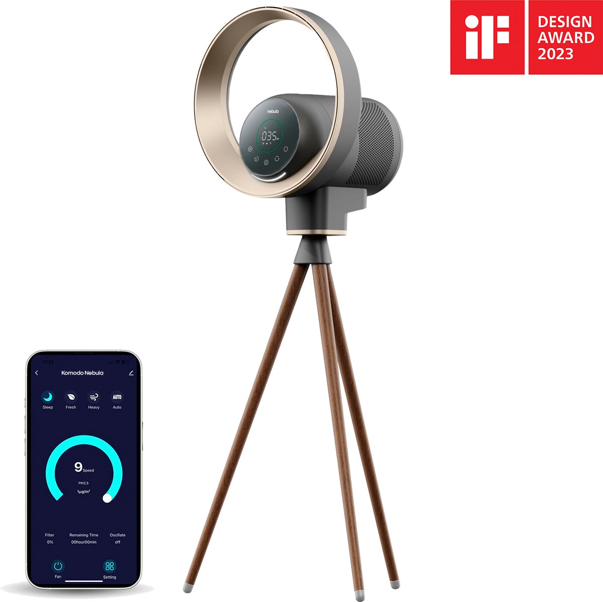 Komodo Nebula - 2in1 Luchtreiniger & Ventilator - Air Purifier met vervangbare HEPA 13 filter - Met app - Ruimtes tot 50m2 - Space Grey - CADR: 300m3/h (8720844024377)