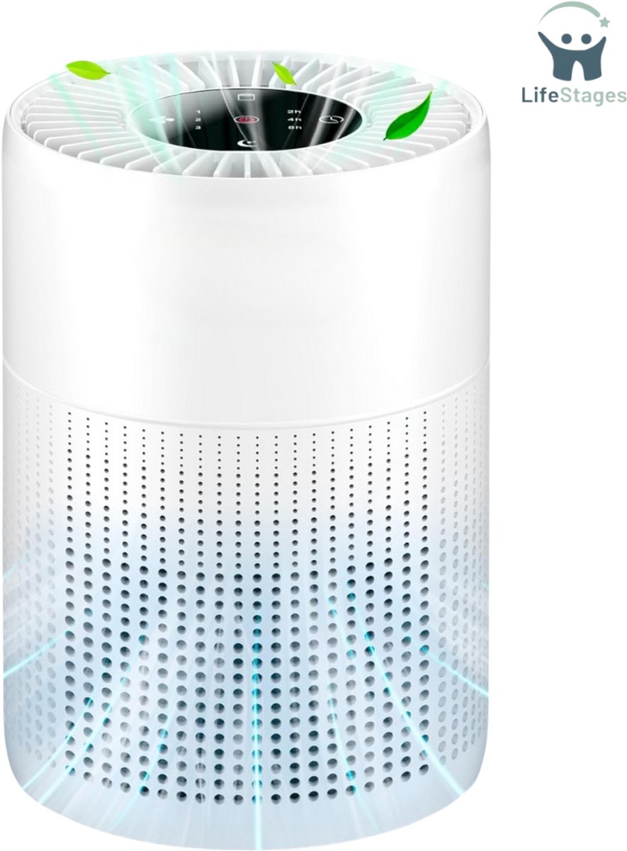 LifeStages - Air Purifier - Luchtreiniger Met HEPA Filter - Max 793 Sq Ft Dekking - 360° Luchtreinigers Vangen 99,97% Rook En Pollen Stof Tot 0,1 Micrometer - 23 dB - Met Nachtlampje (8721197561809)