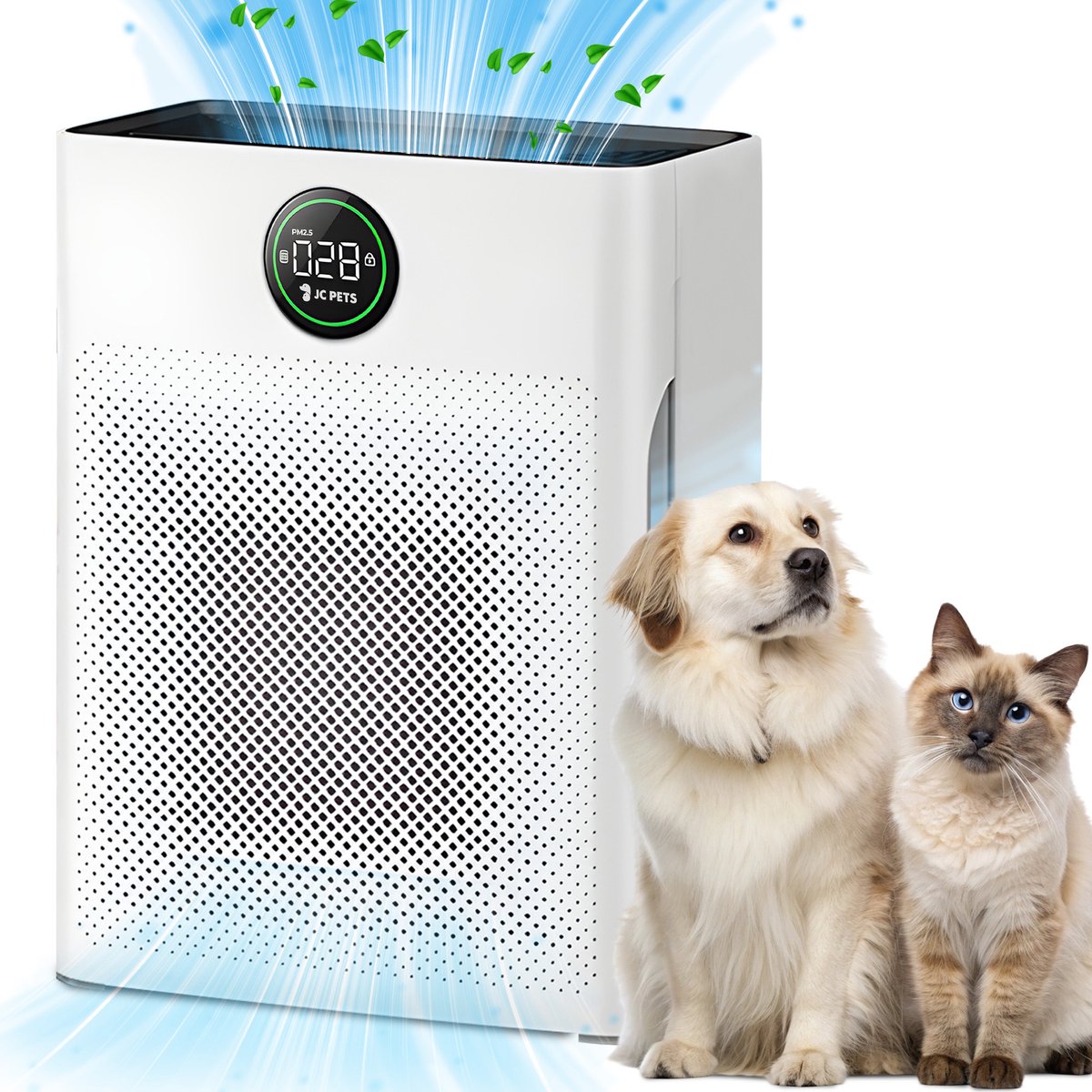 JC Pets Luchtreiniger / Air purifier met HEPA 13 Filter en Voorfilter - Huisdiermodus & App - Luchtfilter tegen Haren, Kattenbakgeur, Allergieën, Huisstofmijt en Hooikoorts - Luchtkwaliteitsindicator - Ruimtes tot 100 m²- CADR 246 m³/h (8720865962382)