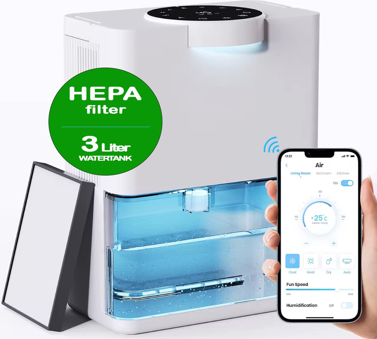 Luchtontvochtiger - Luchtreiniger - Luchtontvochtigers - Automatische hygrometer - Extreem Stil - 1000ml/dag - HEPA filter - Dehumidifier - Grote Watertank 3200ml - Voor huis, kamer, badkamer & kelder - Wit (8718819131847)