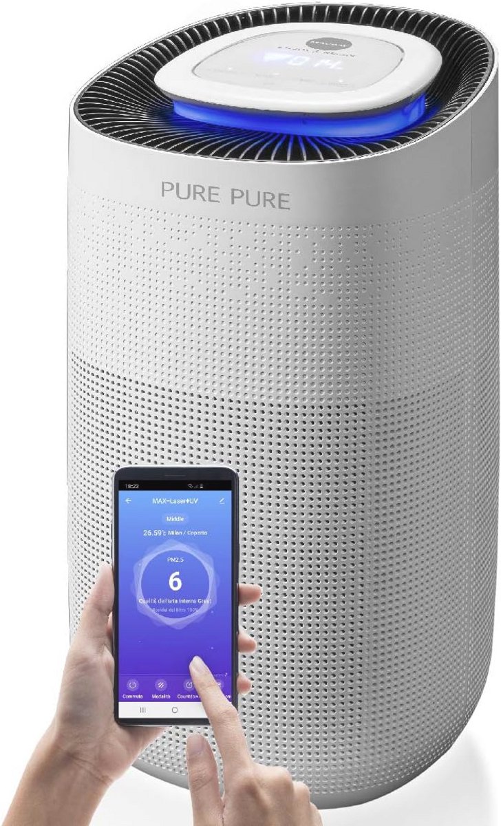 MACOM Enjoy & Relax 879 Pure Pure luchtreiniger, CADR van 400 m³/h, voor ruimtes tot 104 m², zeer nauwkeurige lasersensor PM2.5, antibacterieel HEPA-filter H13 en uv-licht (9101017777655)