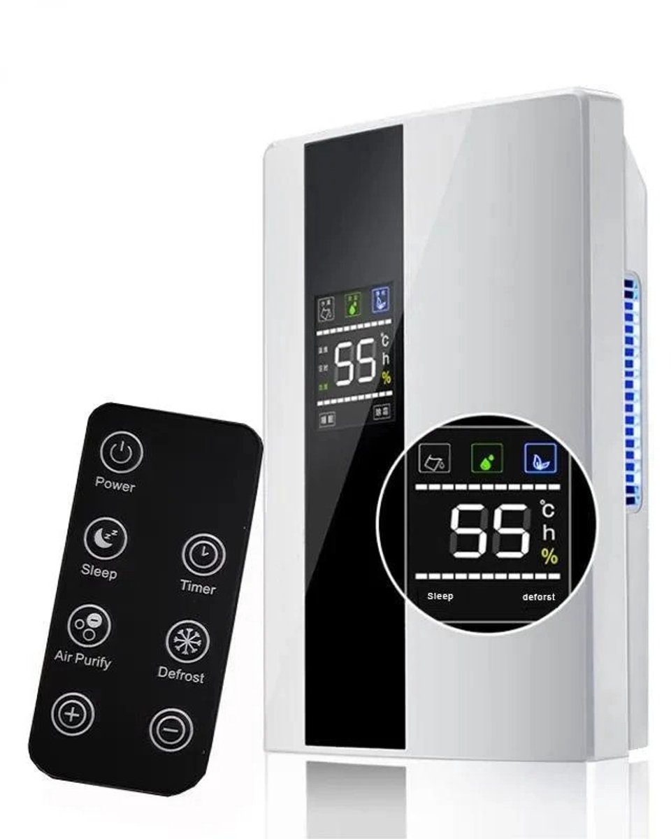 Novendo Goods - 2-in-1 Luchtontvochtiger & luchtreiniger met afstandsbediening - Vochtabsorber voor slaapkamer, kelder & huishouden - Timer & externe waterafvoer (8721447131325)