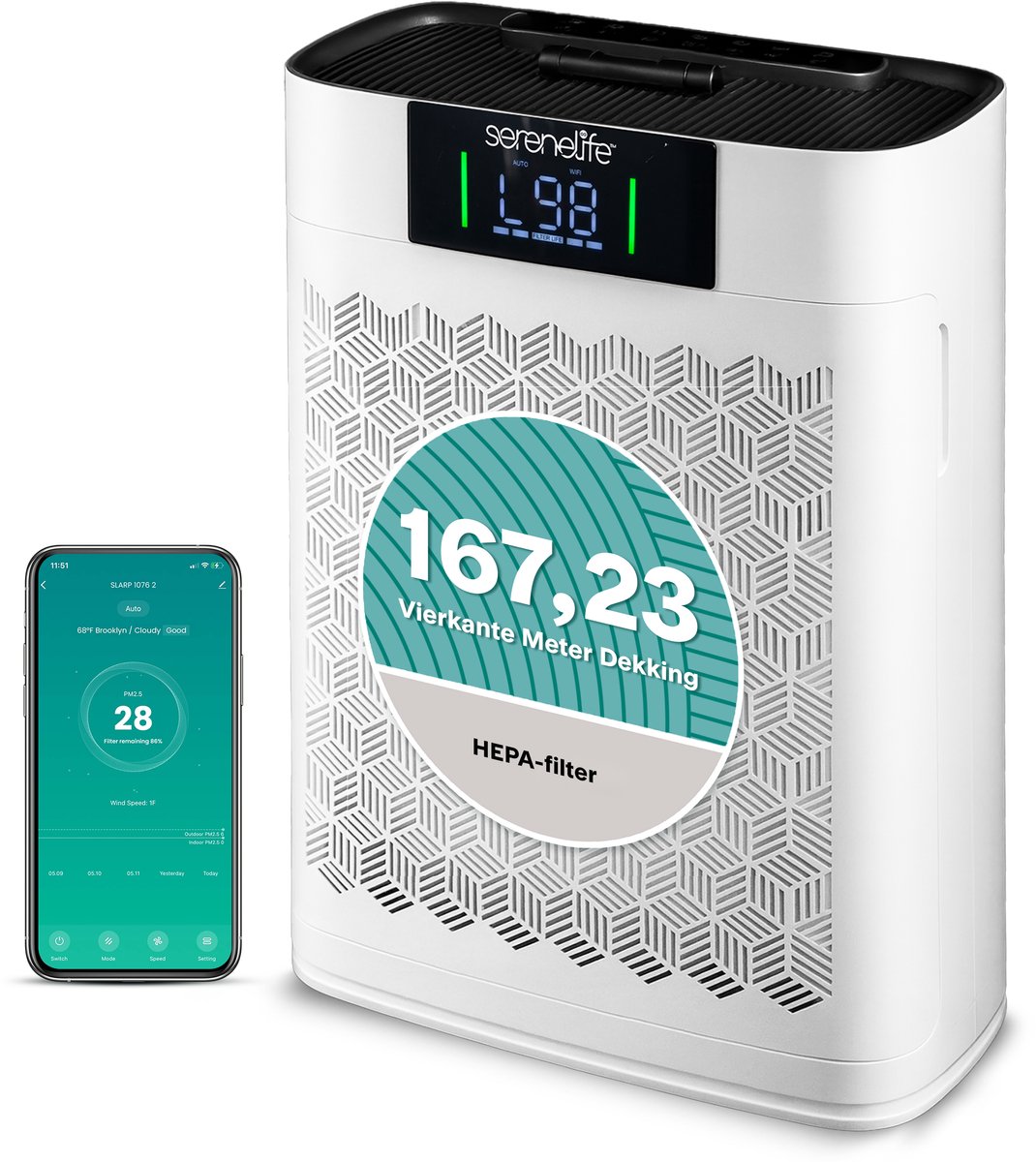 SereneLife Luchtontvochtiger & Luchtreiniger - Slimme WiFi Besturing - Stille Luchtontvochtiger voor Slaapkamers & Grote Ruimtes - Verwijdert Overmatige Vochtigheid en Zuivert de Lucht (0842893176307)