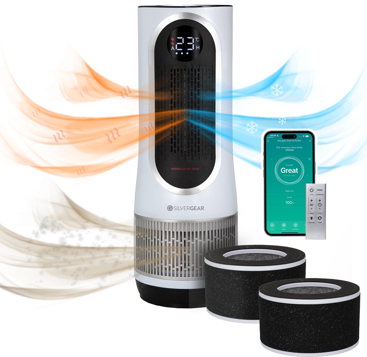 Luchtreiniger Hot & Cold 3-1 Combideal met Vervangbaar 2x HEPA 13 Filter met App & Afstandsbediening - Air Purifier - Air Cleaner - Koolstoffilter - 80 m3 - 1500 W- Wit - Tegen Hooikoorts, Huisstofmijt, Allergie - Silvergear (8711568131724)