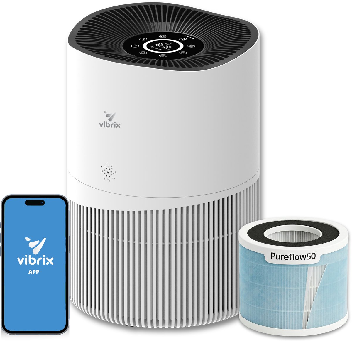 Vibrix PureFlow50 Luchtreiniger / Air Purifier - HEPA H13 + koolstoffilter inbegrepen - 350 m³/u, voor kamers tot ca. 50 m² - Ionisator - App-bediening - Zeer stil & slaapstand - Luchtkwaliteitindicator - Helpt bij stof, pollen & huisstofmijt (8721082170826)