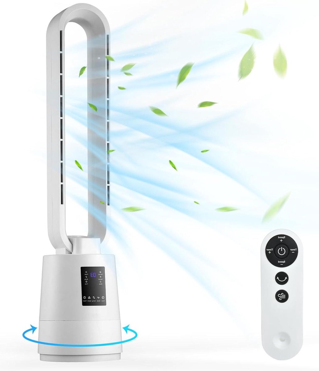 Vloerventilator Torenventilator vleugelloze ventilator luchtreiniger afstandsbediening 8 snelheden 80° rotatie led-display stille thuis kantoor Vloerventilator (8785300052134)