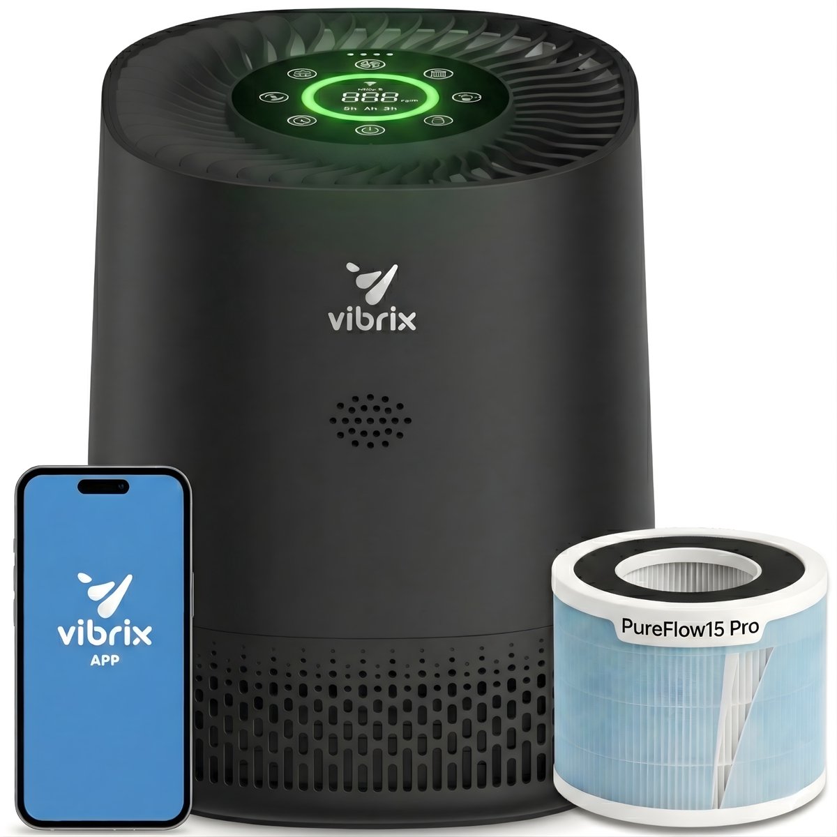 Vibrix PureFlow15 Pro Luchtreiniger / Air Purifier - HEPA H14 + koolstoffilter - 100 m³/u - Voor kamers tot 15 m² - Ionisator - App-bediening - Zeer stil met slaapstand - Luchtkwaliteitindicator (8721082170475)