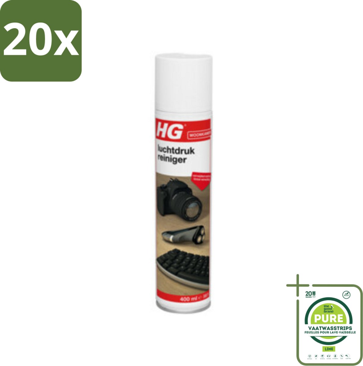 20 x HG - Luchtdrukreiniger - Reinigt Eenvoudig Moeilijk Bereikbare Plaatsen - 400 ml - Grootverpakking - Stofzuiger - Luchtreiniger - Schoonmaak - Elektronica Schoonmaken - Toetsenbord Schoonmaken (8359514024487)