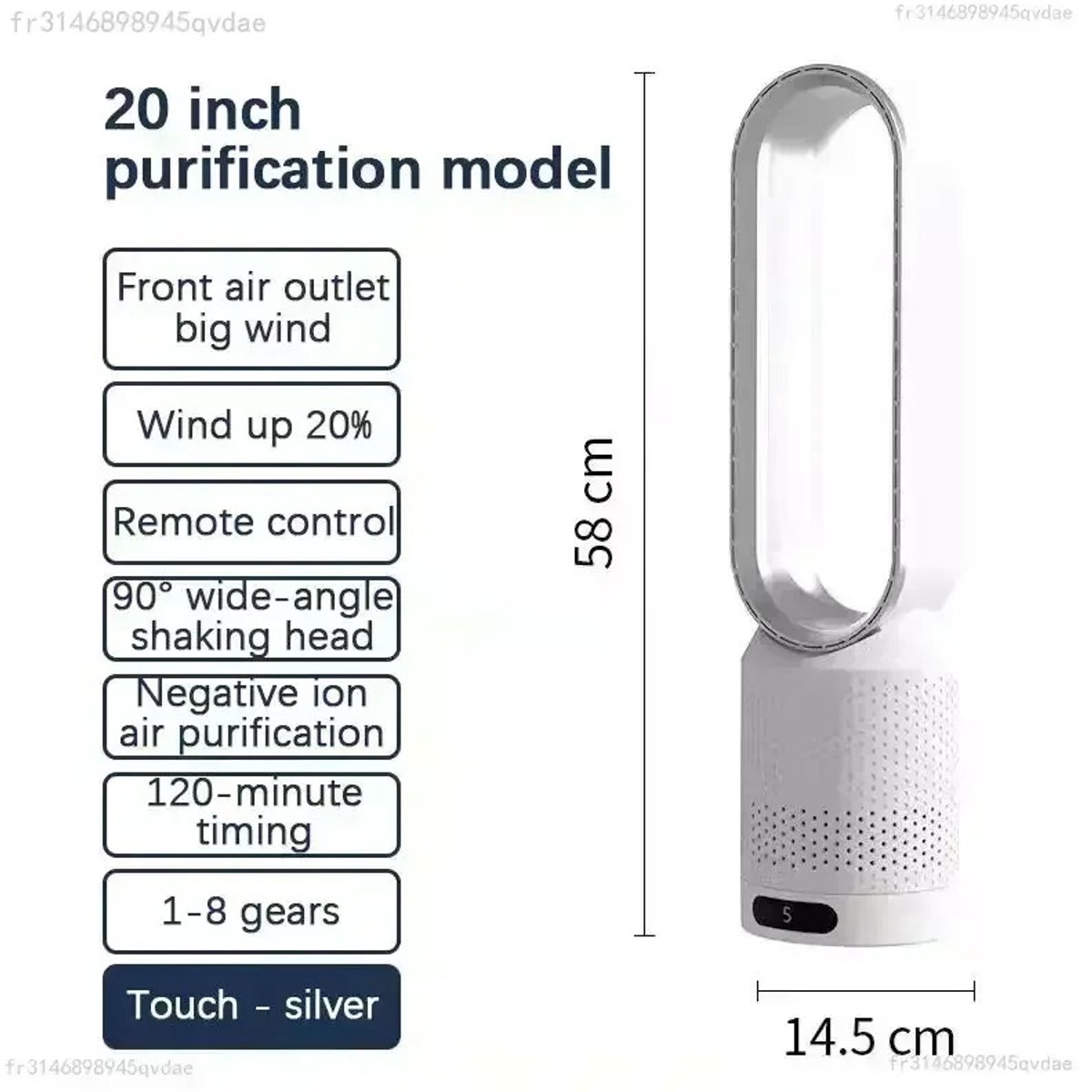 Bladloze Torenventilator - Zilver - Air Circulation & Luchtreiniging - Ultra Stil Slaapmodus 30 dB - 8 Snelheden - Met afstandsbediening - 90° Oscillerend - 2-uurs timer - Veilig voor kinderen & huisdieren - Bureau- en vloermodel (6151812498487)