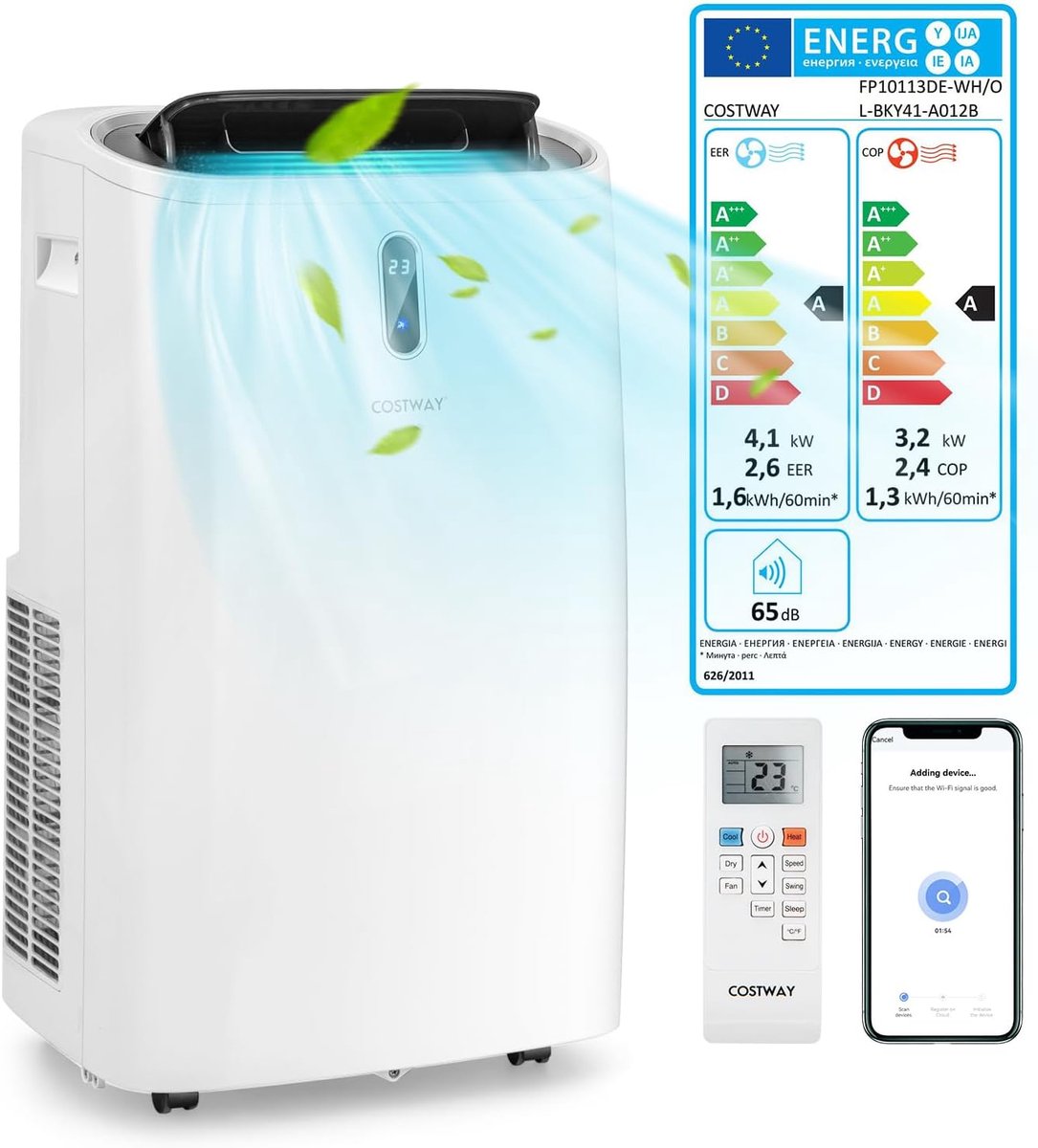 COSTWAY 5-in-1 ventilatorkachel, mobiele airconditioning, 14000 BTU, ontvochtiger, verwarmingsfunctie, luchtreiniger, slaapmodus, airconditioner met afvoerslang, 2,6 kW, 16 tot 32 °C, 25 tot 45 m², app/afstandsbediening, 24-uurs timer (0015706550988)