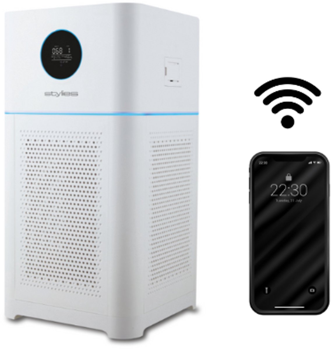 STYLIES ALPHA Luchtreiniger - 80 m² - 600 m³/u - 45 dB - 4 Snelheden - Met Luchtbevochtigingsfunctie - Timer - Display - 68 W - Wit (7640115593597)