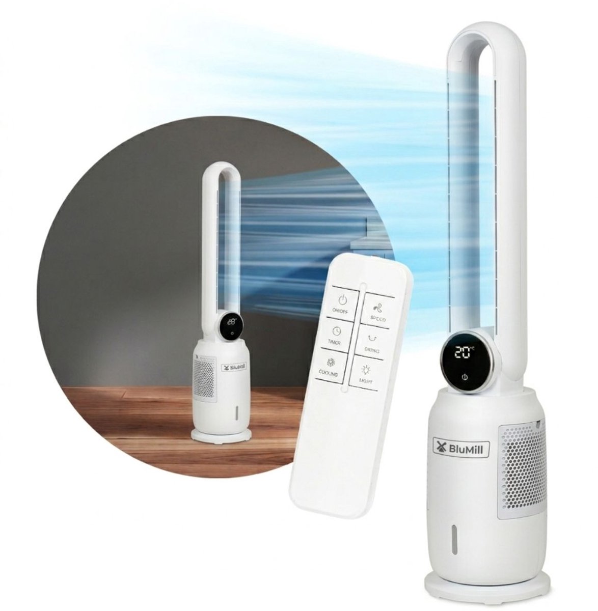 BluMill Bladeless Air Cooler - Bladloze Luchtkoeler - Bevochtiger - Luchtreiniger - Stille Toren - Wit (8720663028846)
