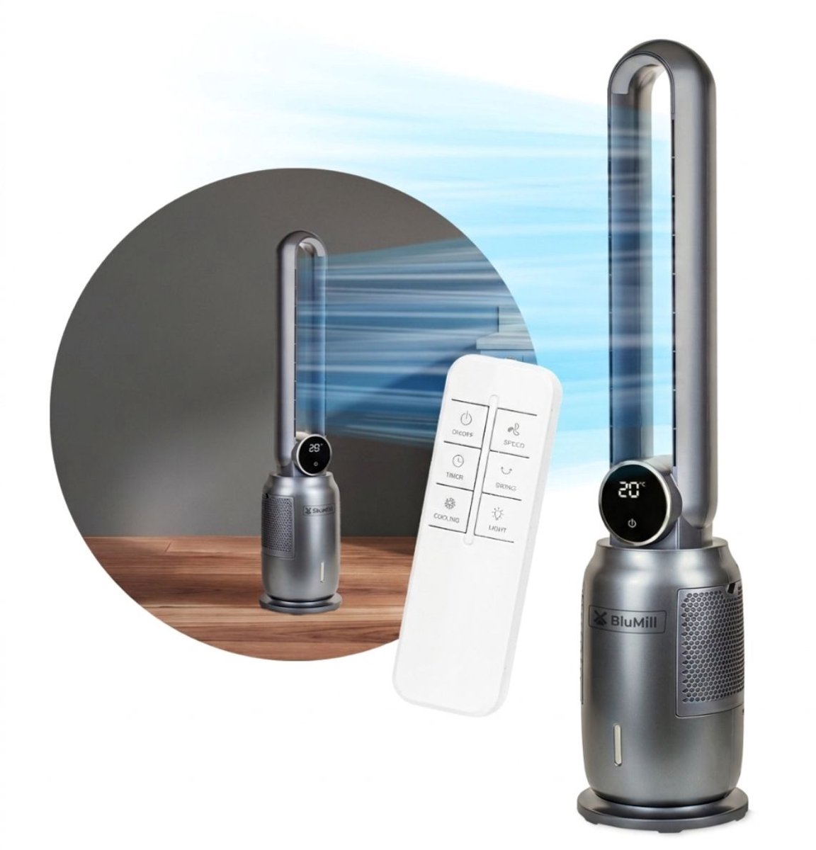 BluMill Bladeless Air Cooler - Bladloze Luchtkoeler - Bevochtiger - Luchtreiniger - Stille Toren - Zilver (8720663028853)