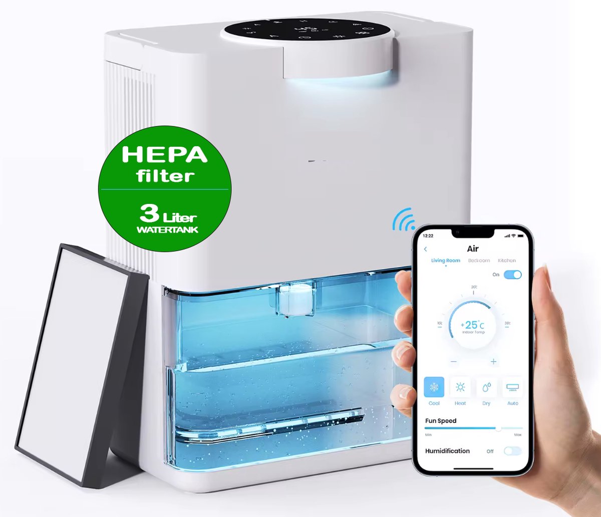 JC's® - Luchtontvochtiger - Luchtreiniger - Wifi Luchtontvochtigers - Automatische hygrometer - Extreem Stil - 1000ml/dag - HEPA filter - Dehumidifier - Grote Watertank 3000ml - Voor huis, kamer, badkamer & kelder - Wit (8718819131700)