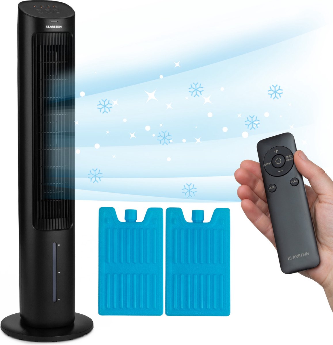 Klarstein Mobiele Airconditioner, 5-in-1 Mobiele Luchtkoeler met Nachtmodus, Stille Ventilator, Luchtbevochtiger & Luchtreiniger, Mobiele Airconditioner zonder Uitlaatslang, Torenventilator 360 m³/h, 50 Watt, Zwart (4060656505355)