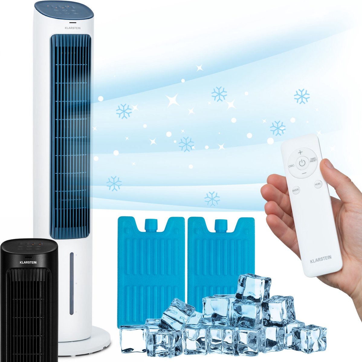 Klarstein Mobiele Aircooler, 5-in-1 Mobiele Luchtkoeler met Nachtmodus, Stille Ventilator, Luchtbevochtiger & Luchtreiniger, Torenventilator 360 m³/h, 50 Watt, Wit (4060656505348)