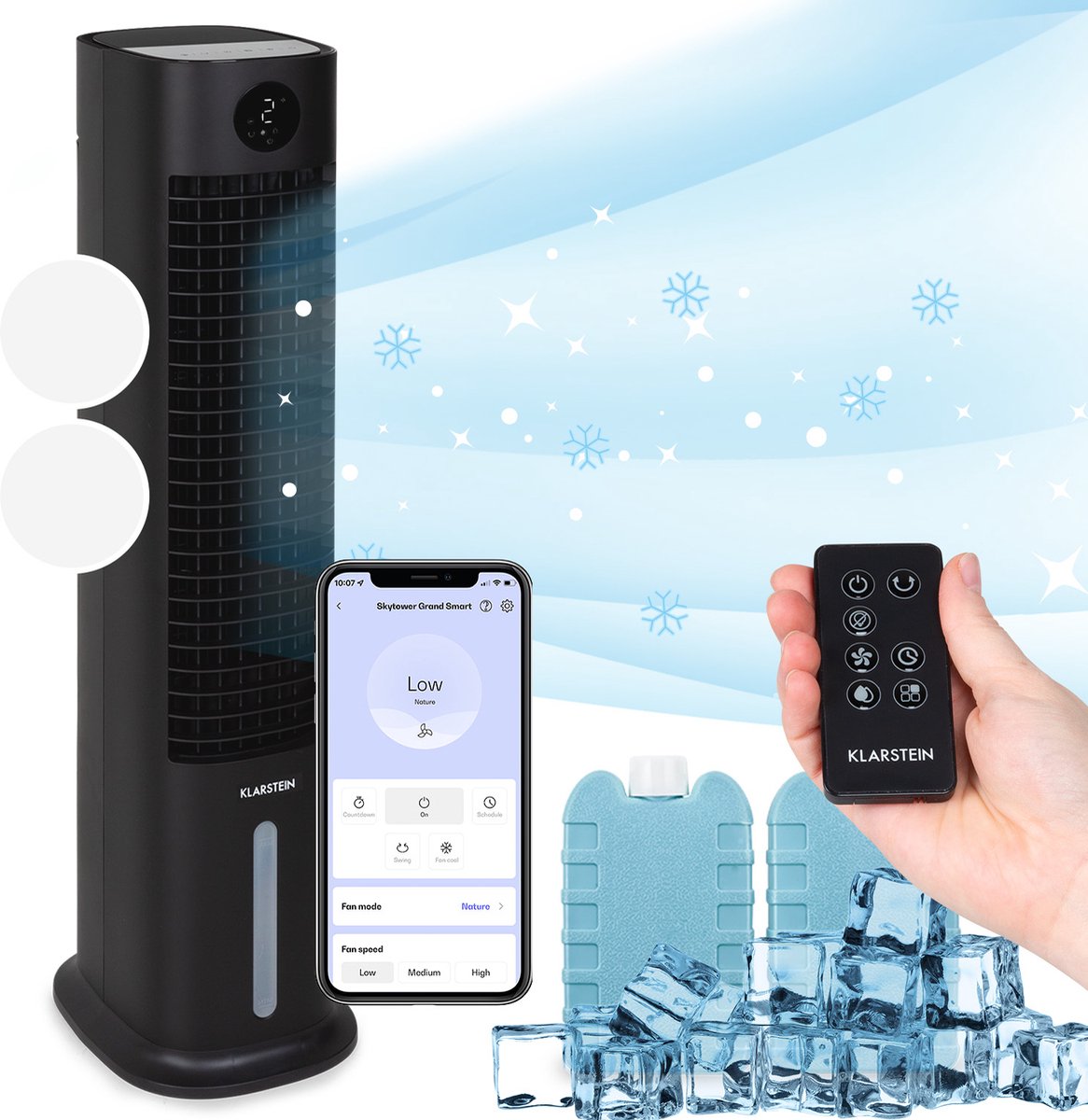 Klarstein luchtkoeler met waterkoeling, 5-in-1 verdampingskoeler, luchtbevochtiger, ventilator & luchtreiniger, mobiele airconditioner luchtkoeler met app-bediening, 80W luchtkoeler, 462m³/h luchtstroom, wit (4060656449772)