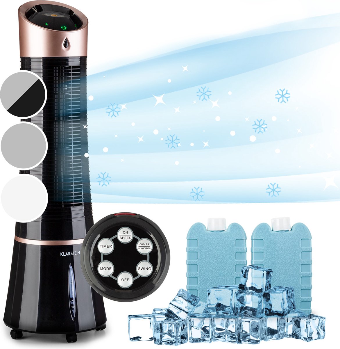 Klarstein luchtkoeler met waterkoeling, 5-in-1 verdampingskoeler, luchtbevochtiger, ventilator, luchtreiniger & nachtmodus, mobiele airconditioner luchtkoeler 6L, 45 Watt Air Cooler, 180 m³/h luchtstroom (4060656449239)